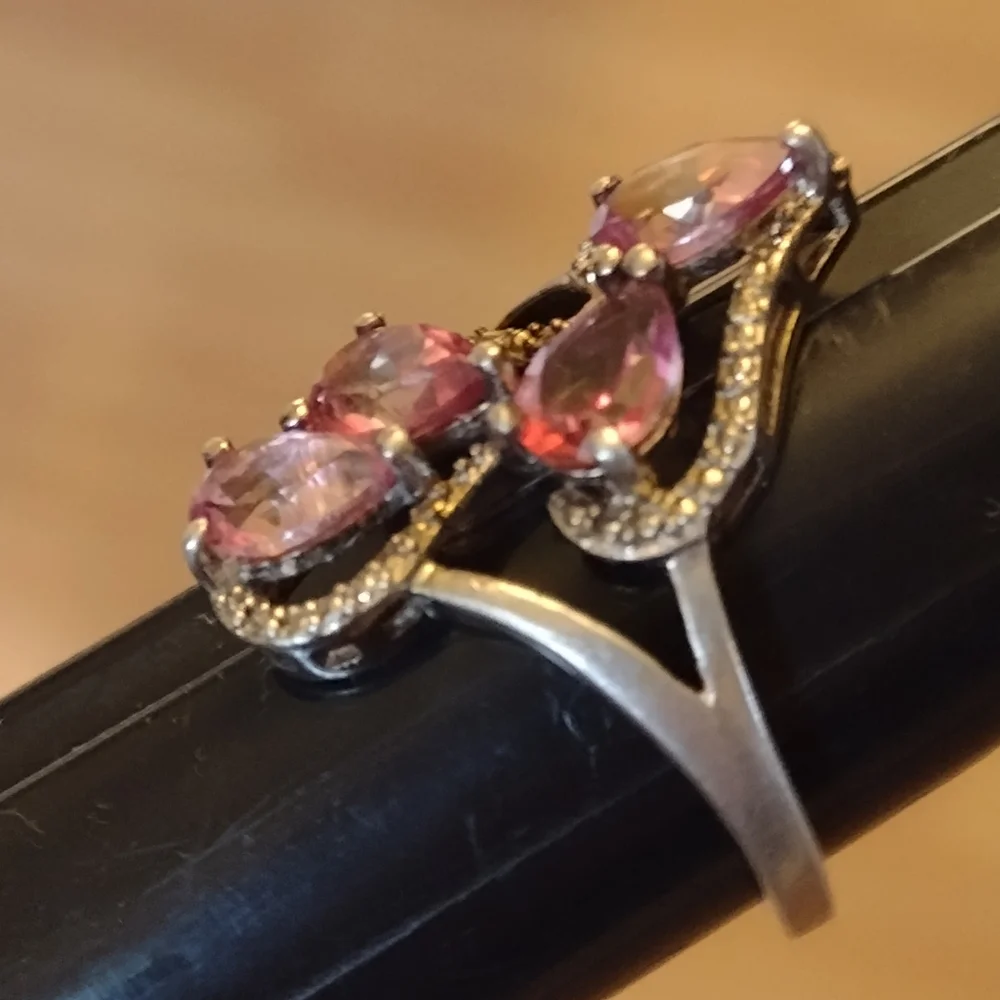 925 Sterling Silver Pink Rhodolite Ring Size 8.5 TGGC Genuine Gemstone Teardrop